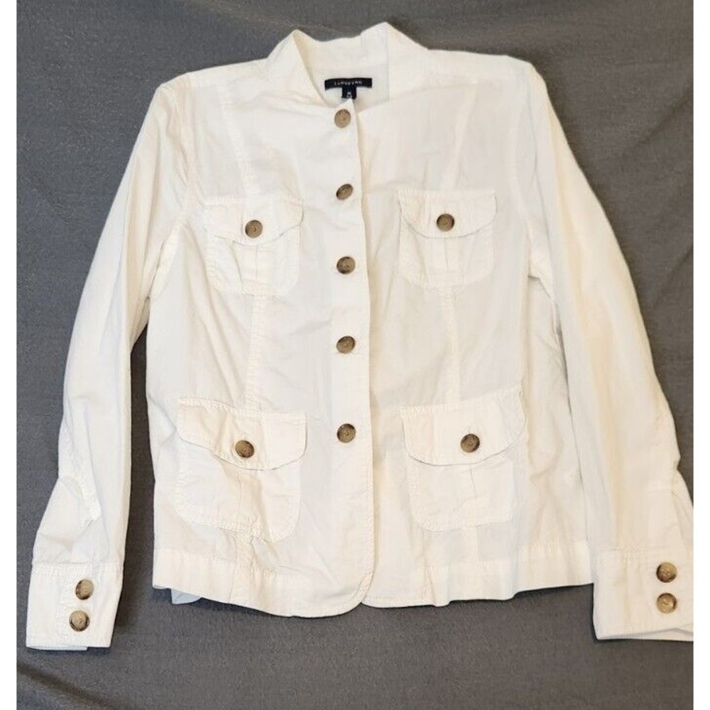 Women‎ White 100% Cotton Military Jacket Land's End, Button Front Size M